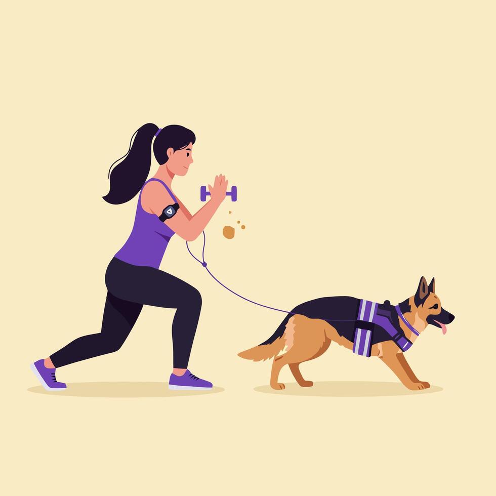 Woman Working Out with Dumbbells While Walking Her Loyal Dog vector