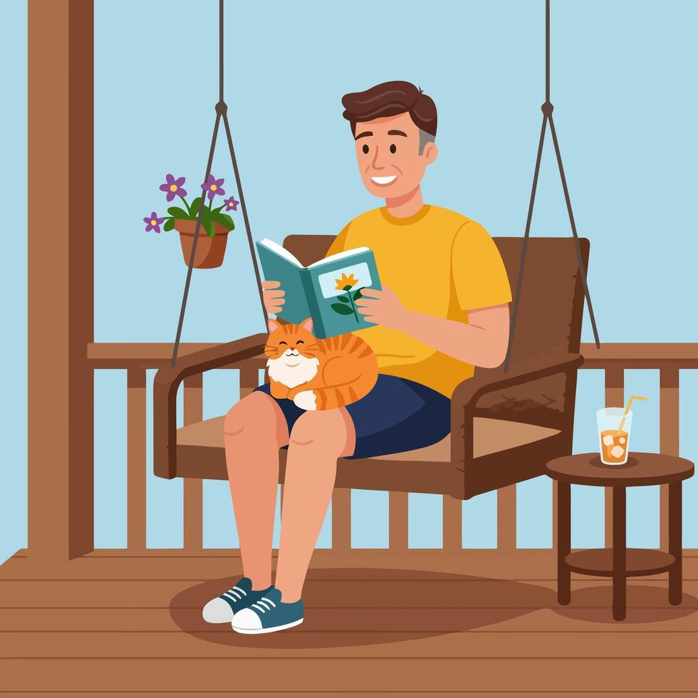 Man Reading with Cat on Porch Swing During Peaceful Day vector