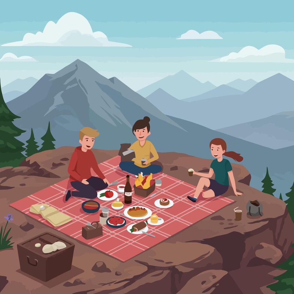 People Enjoying Mountain Picnic with Scenic Landscape and Food Sharing vector
