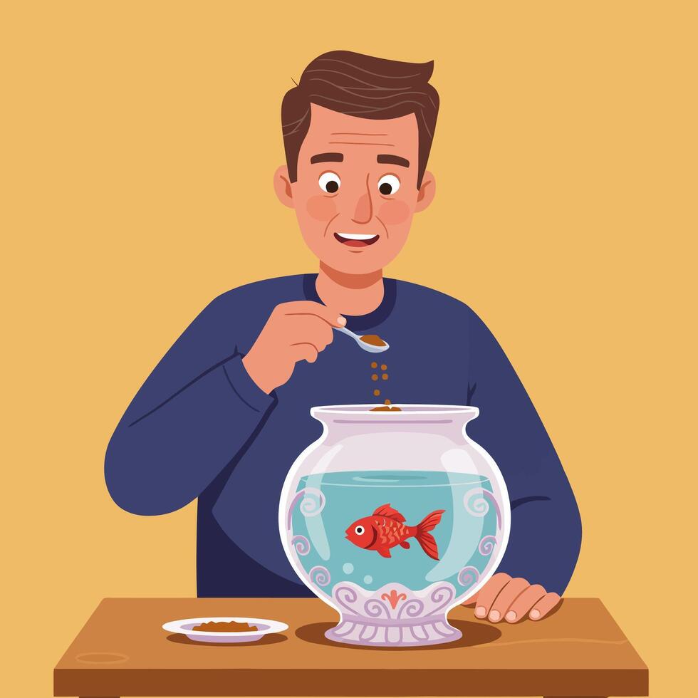 Man Feeding Red Goldfish in Bowl with Spoon in House vector