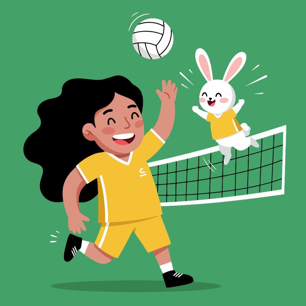 Girl Playing Volleyball with Bunny Friend Cartoon Style Illustration vector