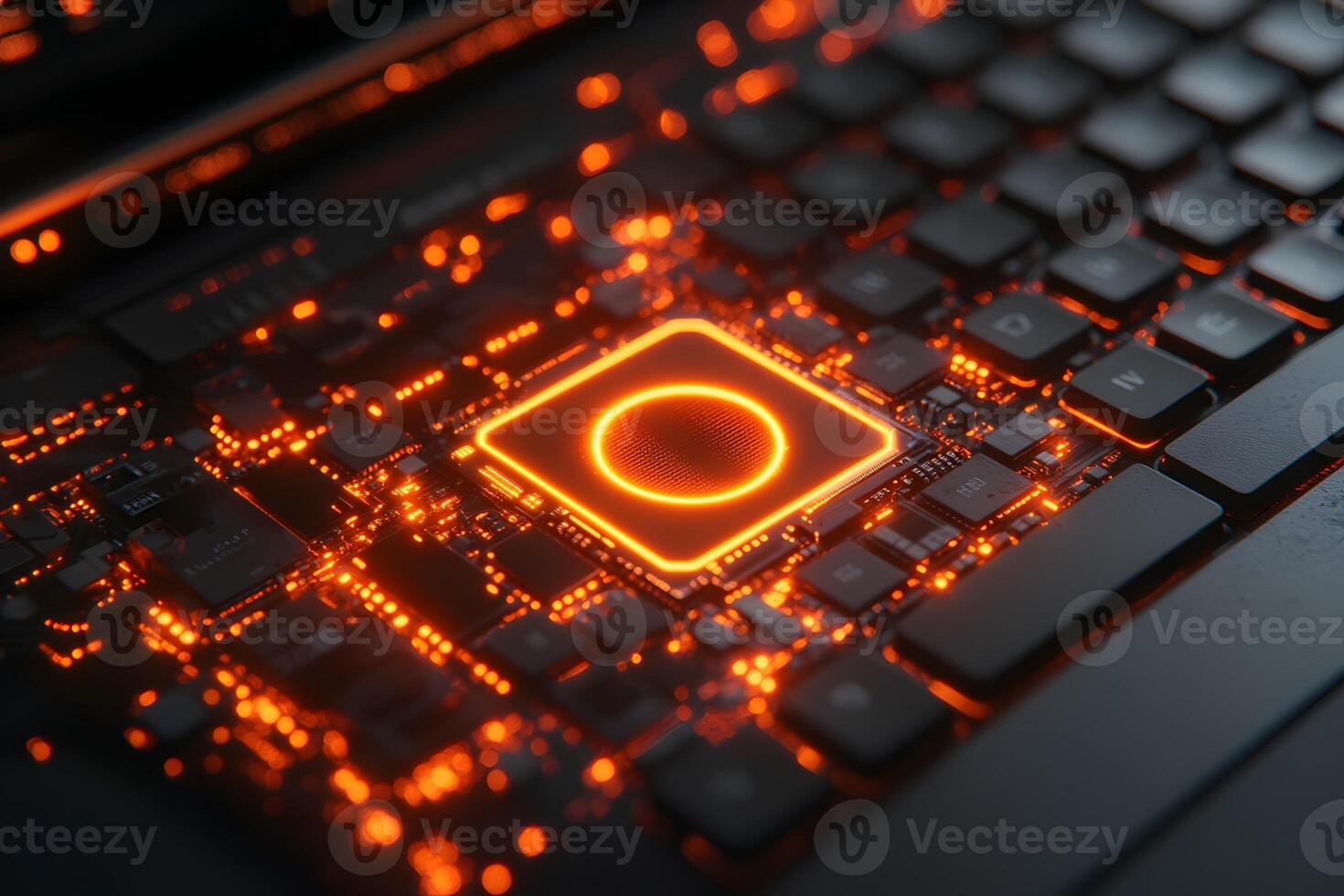 Futuristic Glowing Circuit Board with Illuminated Microchip for Tech Design photo