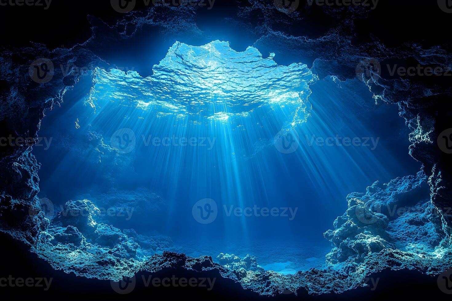 Underwater Cave with Sunlight Rays Creating a Mystical Ocean Scene for Nature and Adventure Themes photo