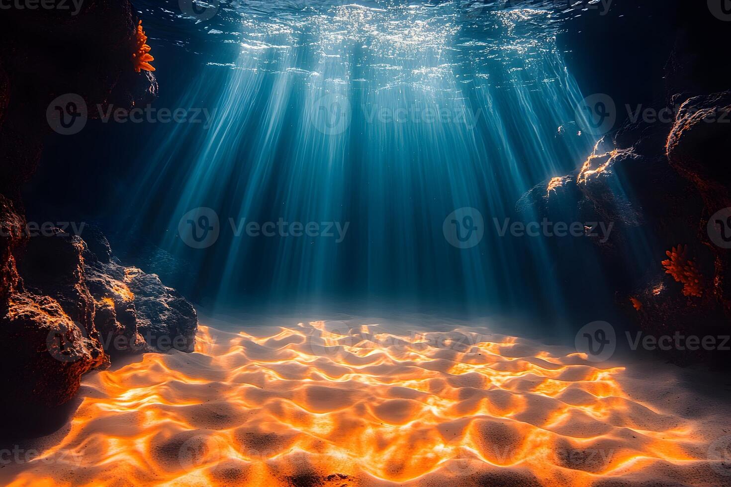 Sunlit Ocean Floor with Rays of Light Illuminating Underwater Landscape for Nature and Travel Designs photo