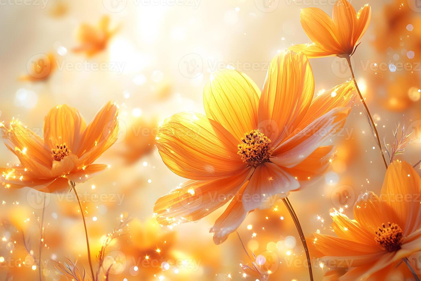 Radiant Orange Cosmos Blossoms with Sparkling Sunlit Background for Nature Design photo