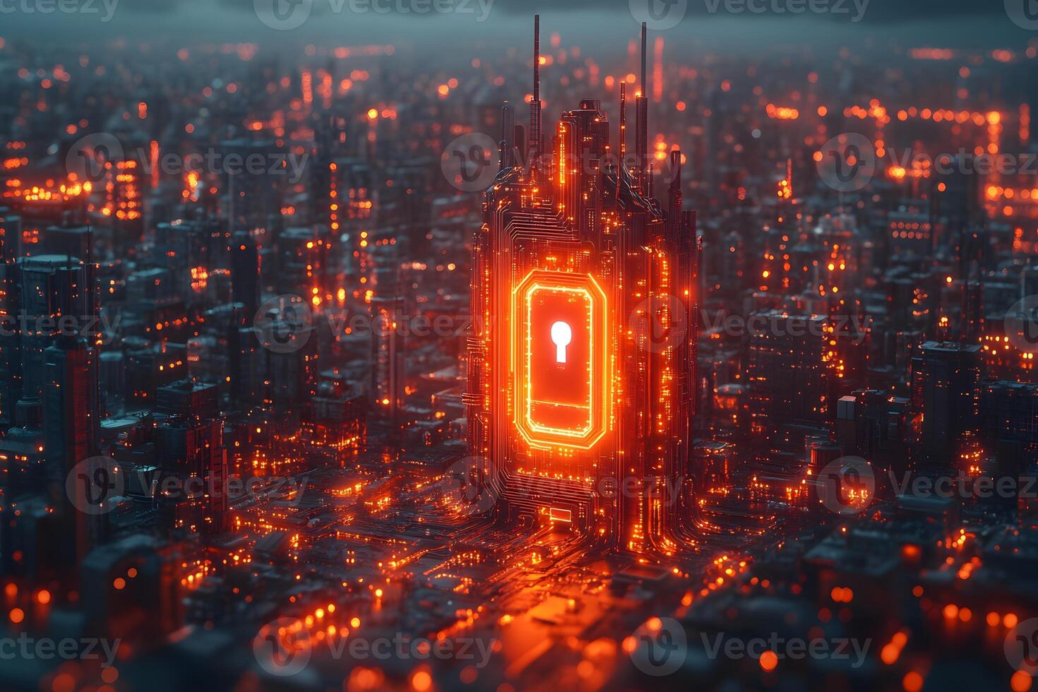 Glowing Cybersecurity Cityscape - Futuristic Digital Data Protection Concept Design for Technology, Security, and Innovation photo