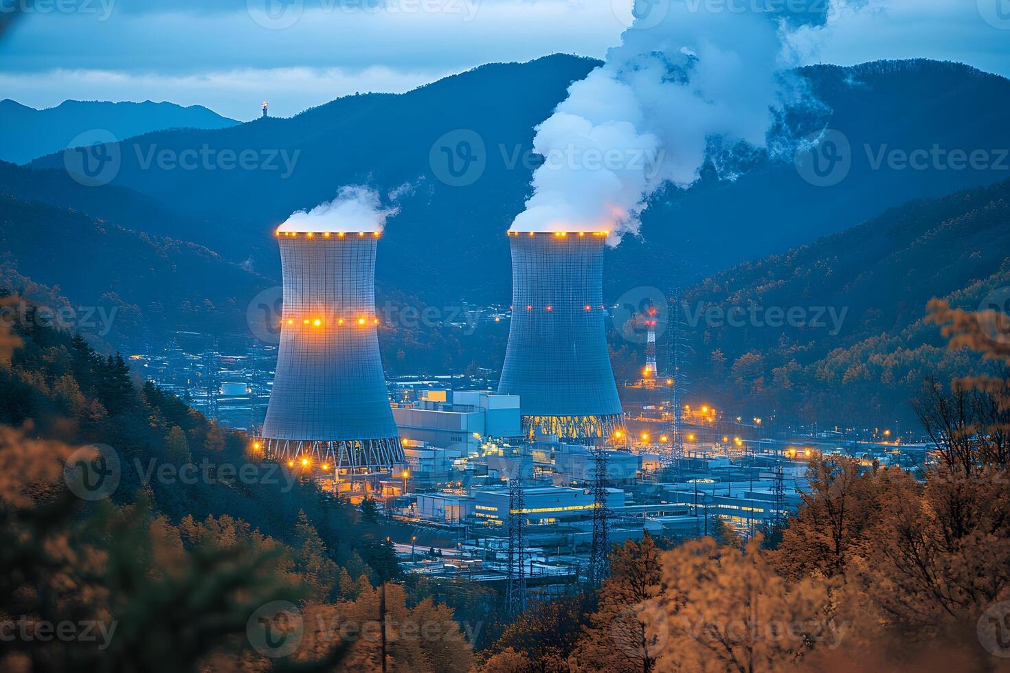 Industrial Power Plant with Cooling Towers in Mountainous Landscape at Dusk photo