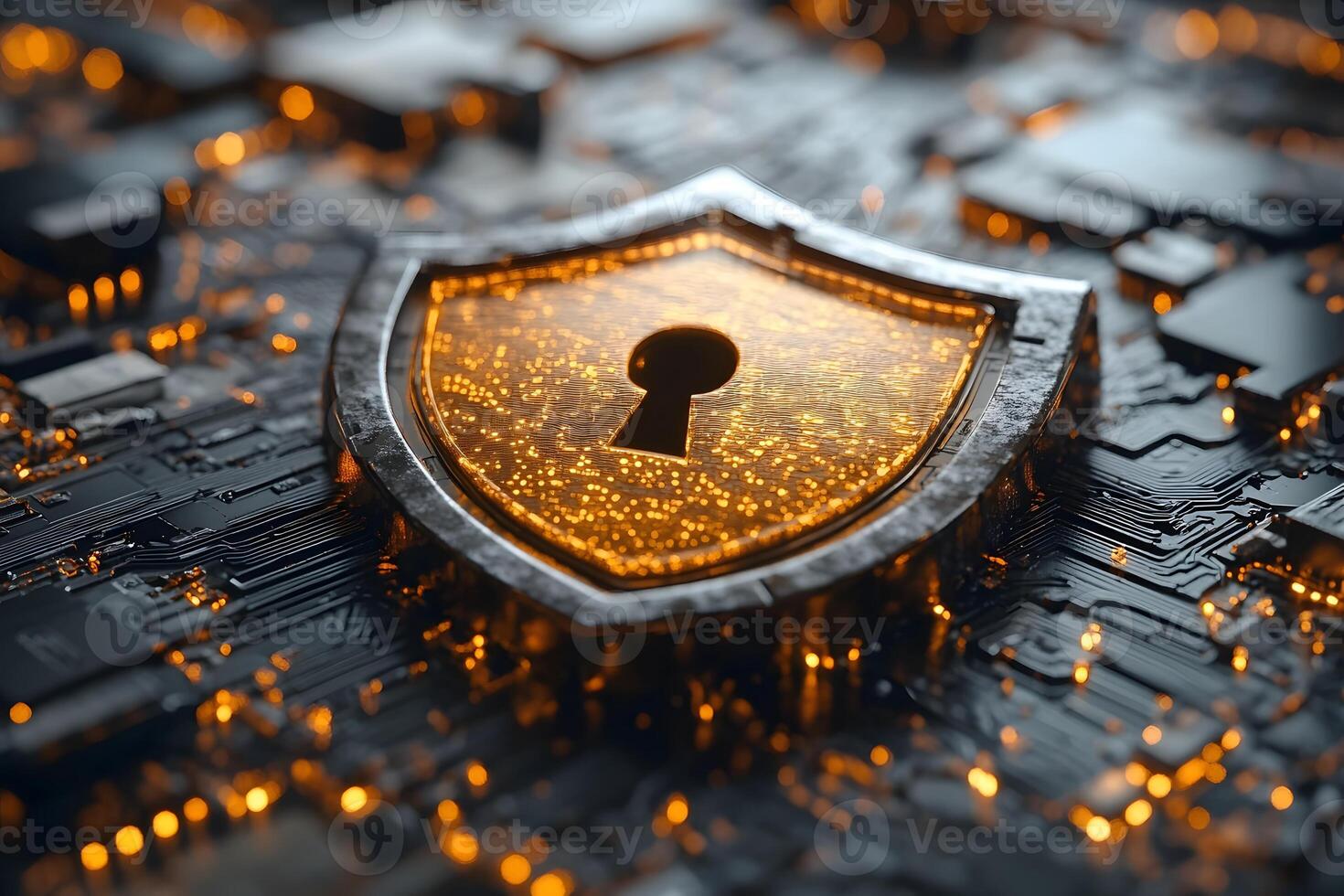 Cybersecurity Concept with Digital Shield and Circuit Board Design for Technology Security Poster photo