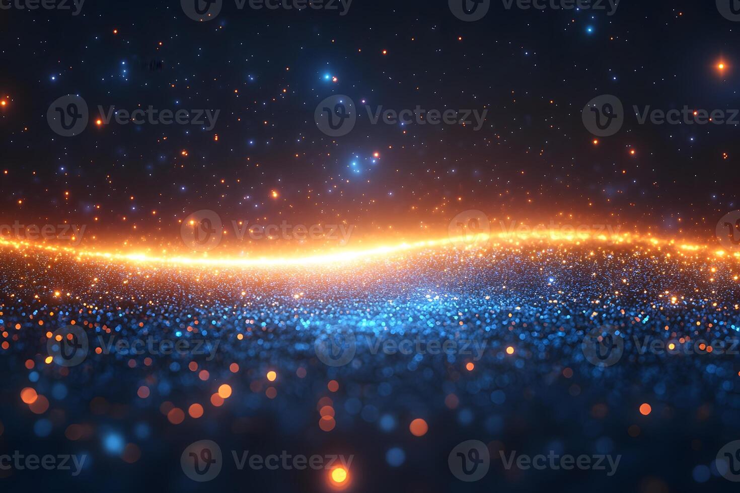Abstract Cosmic Duality Vibrant Orange and Blue Light Waves with Starry Backdrop photo