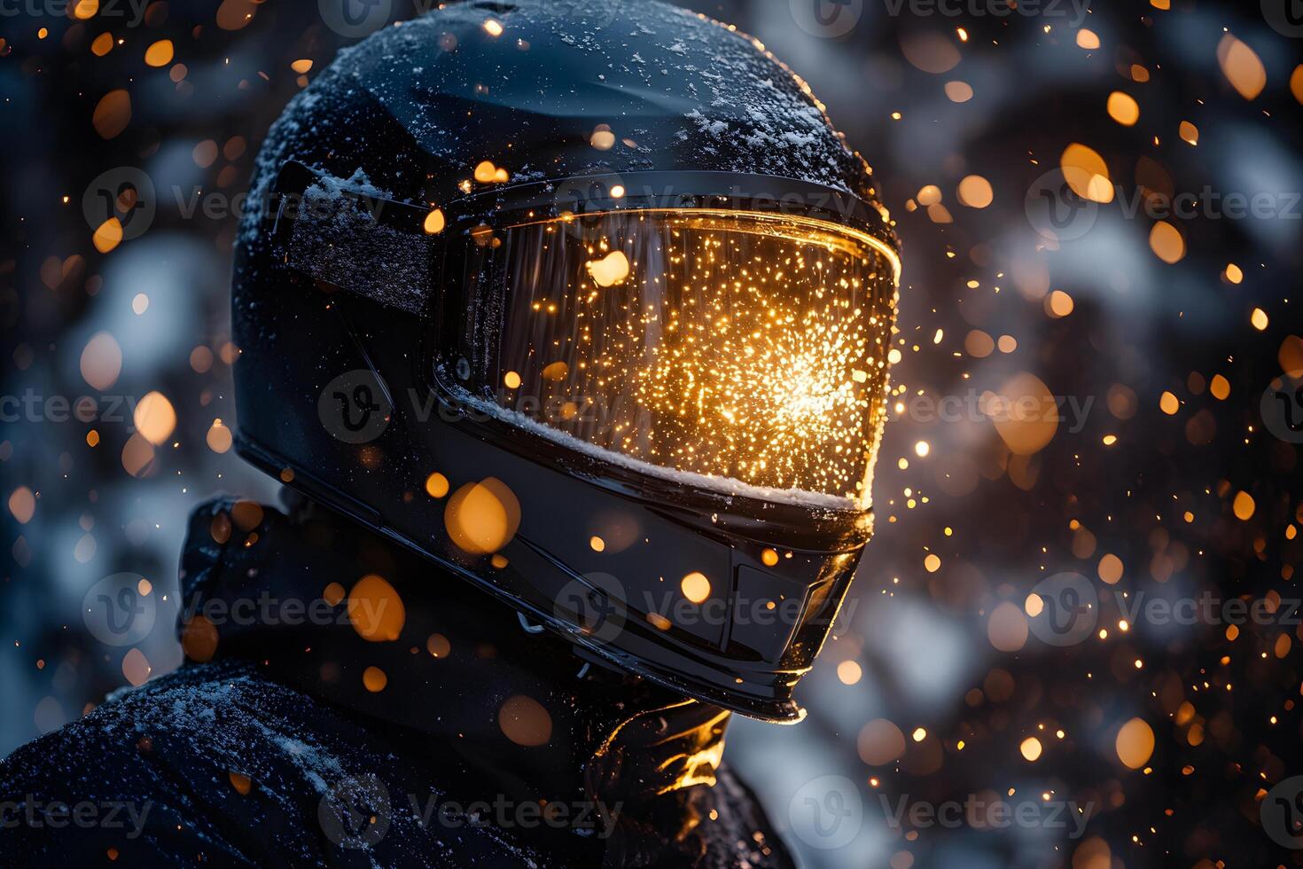 Futuristic Winter Adventure Illuminated Helmet Sparkles in Snowy Twilight for Innovative Design photo
