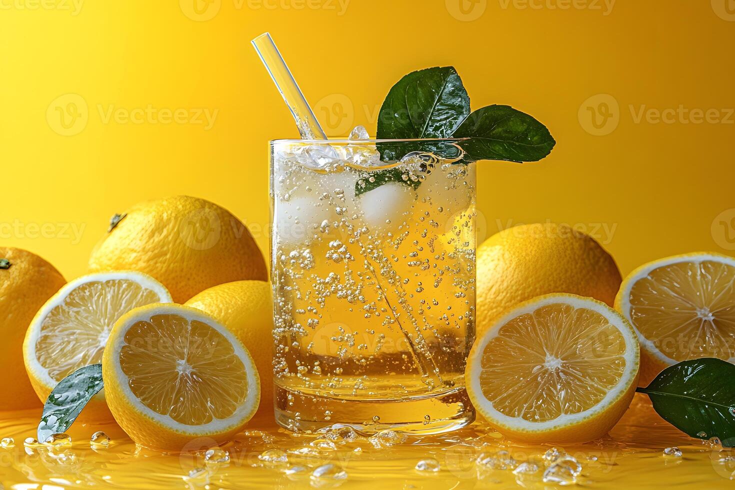 Refreshing Citrus Beverage with Lemons on a Vibrant Yellow Background for Summer Design photo