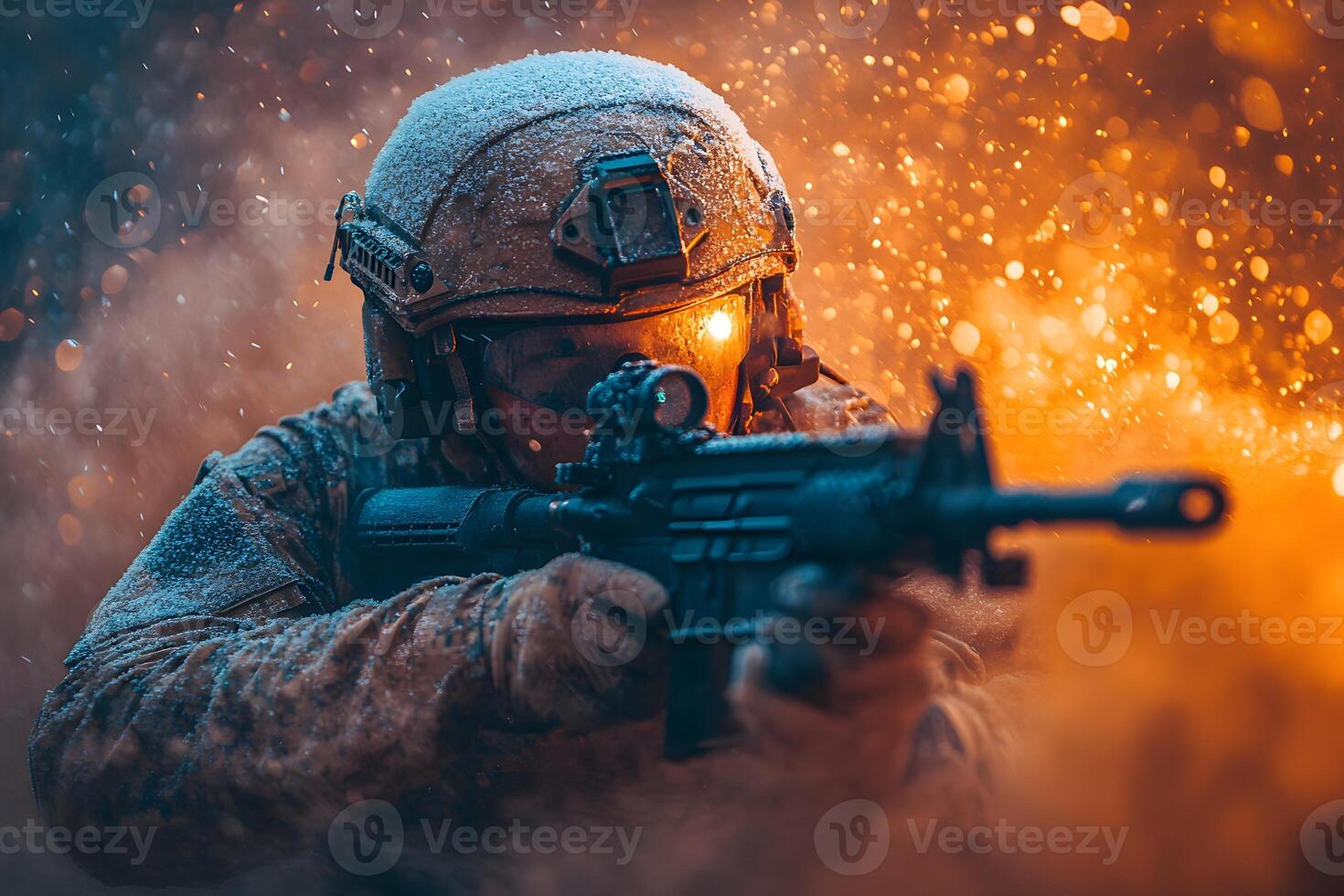 Intense Military Operation in Snowy Battle Zone - High-Impact Combat Imagery for Action Themes photo