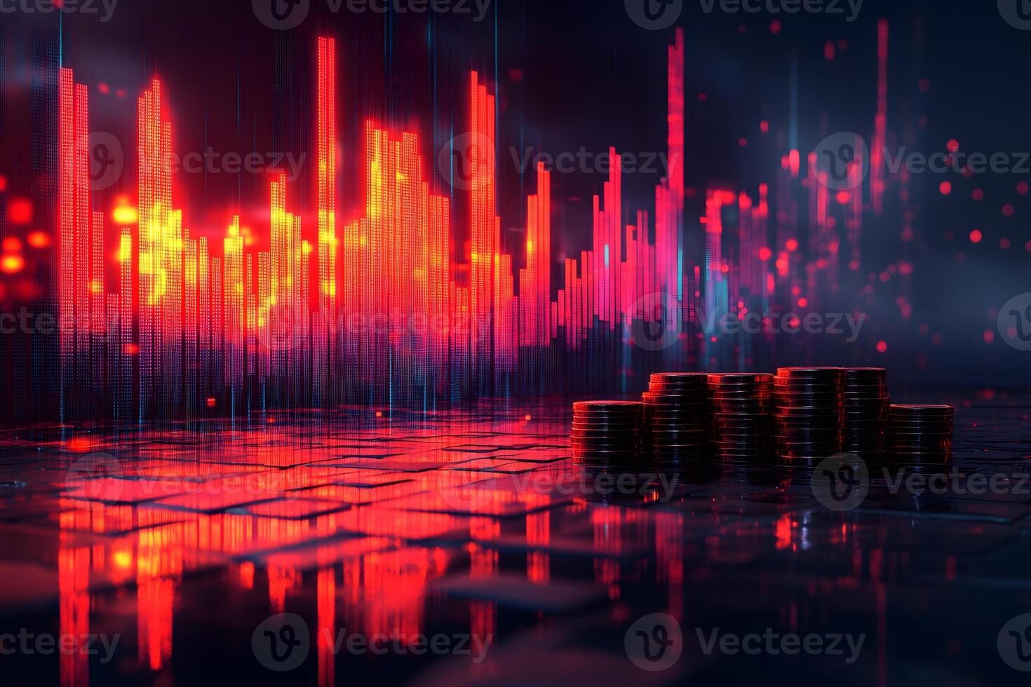 Financial Market Concept Stacked Coins and Futuristic Digital Data Visualization for Investment Insight photo