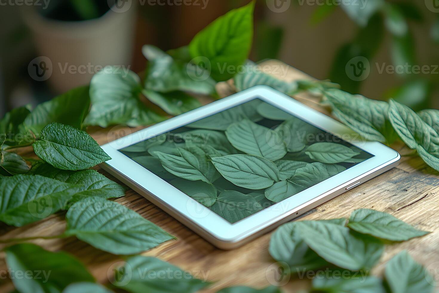 Nature and Technology Harmony Digital Tablet Surrounded by Fresh Green Leaves for Eco-Friendly Concept photo