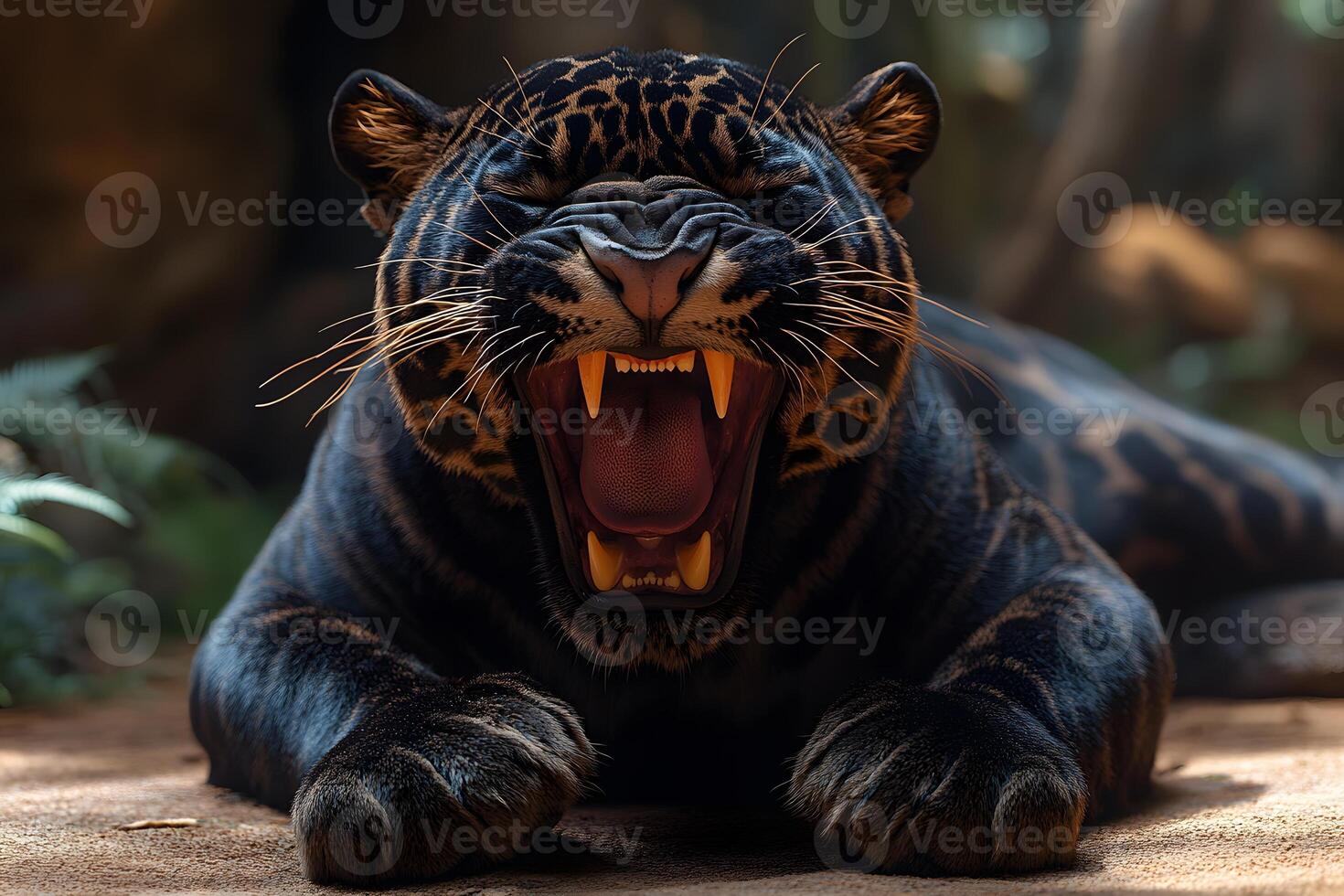 Intense Jaguar Roar in a Lush Jungle Setting - Wildlife Photography for Print, Poster photo