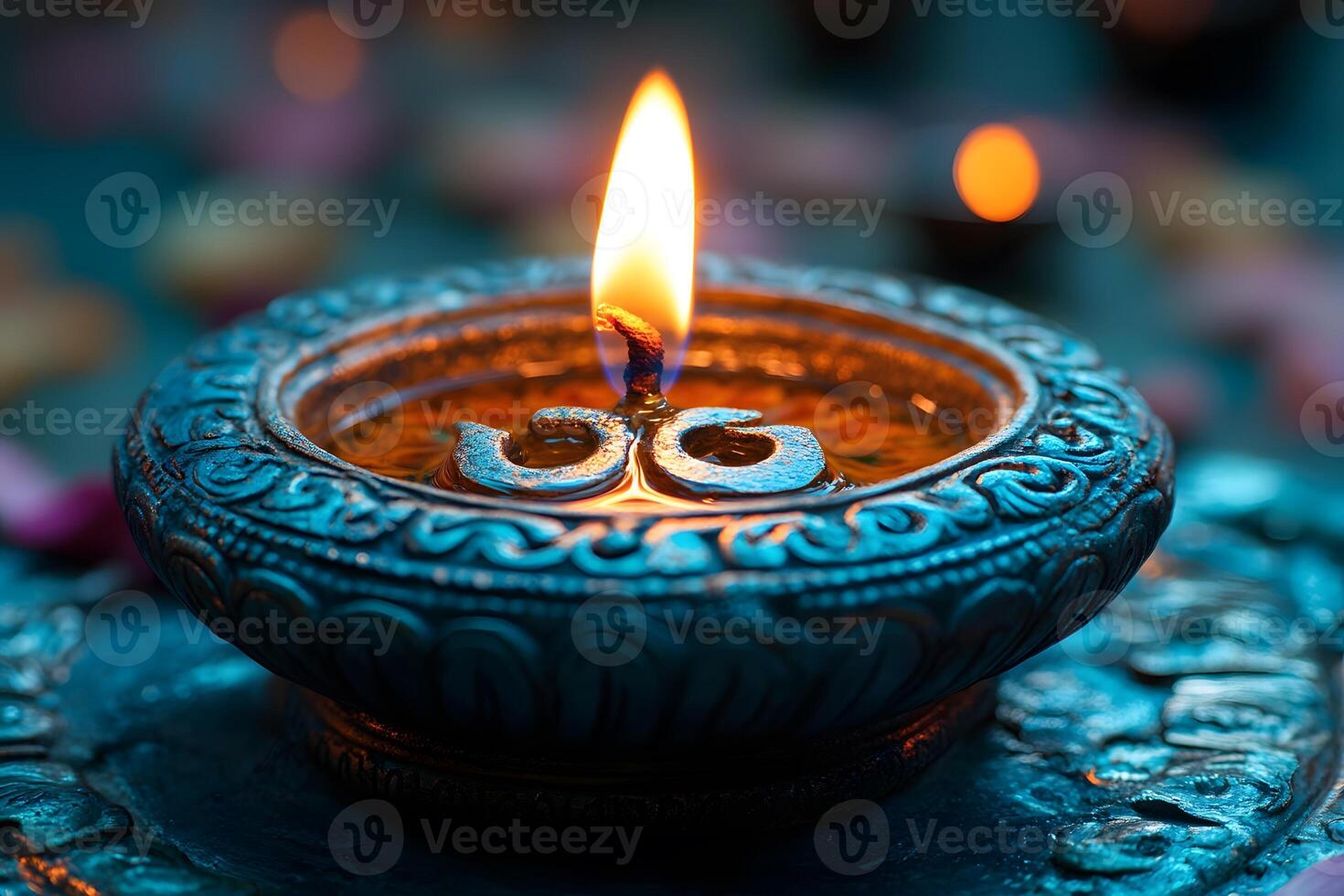 Diwali Festival Celebration with Traditional Clay Diya Oil Lamp and Glowing Flame photo