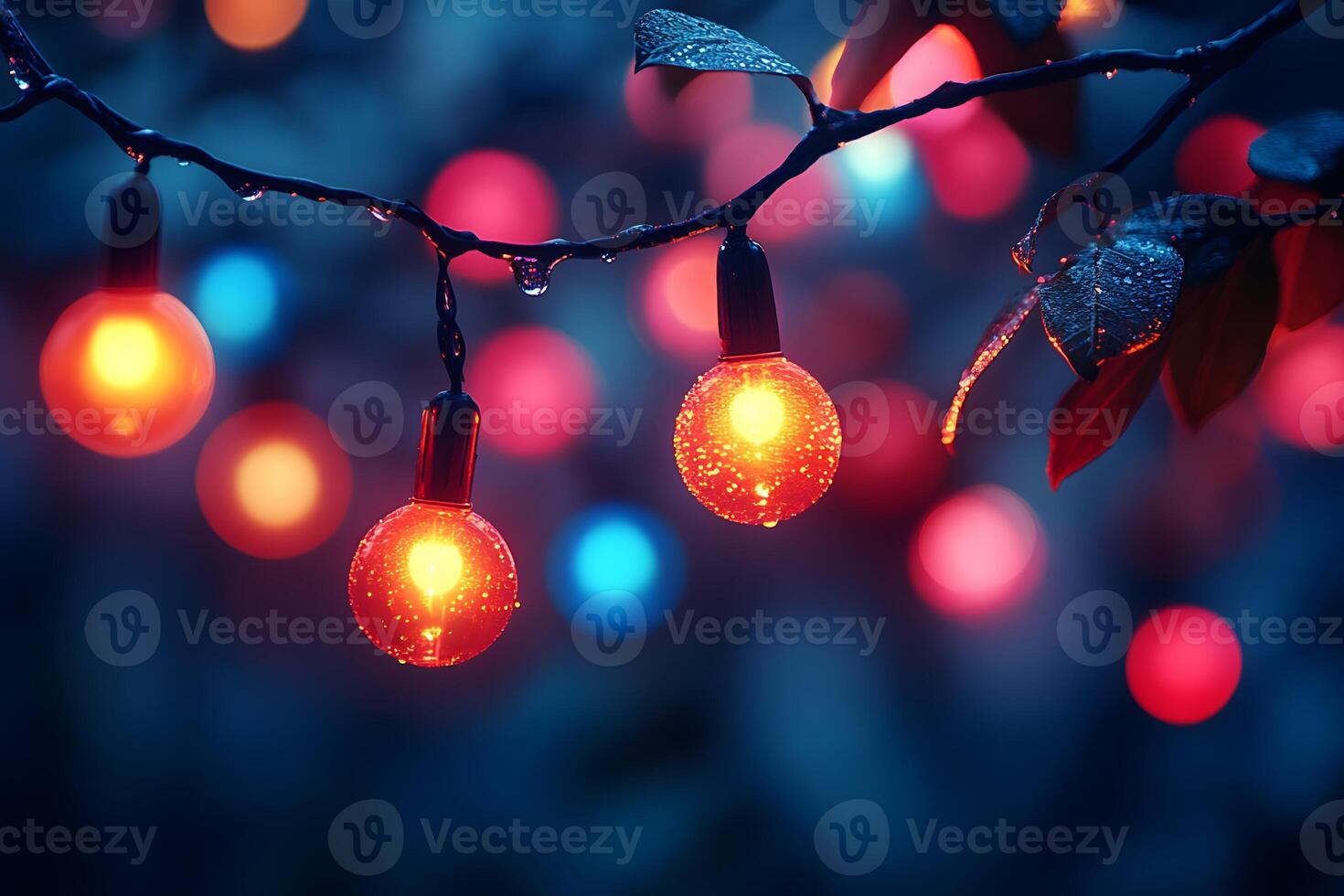 Vibrant Holiday String Lights with Dewy Leaves in Nighttime Bokeh photo