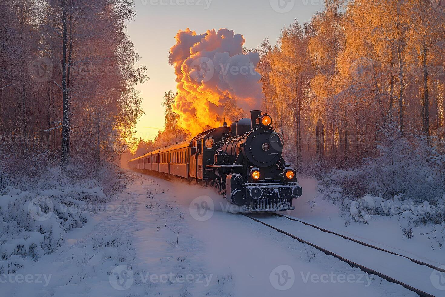 Winter Train Journey at Sunrise Through Snowy Forest Landscape photo
