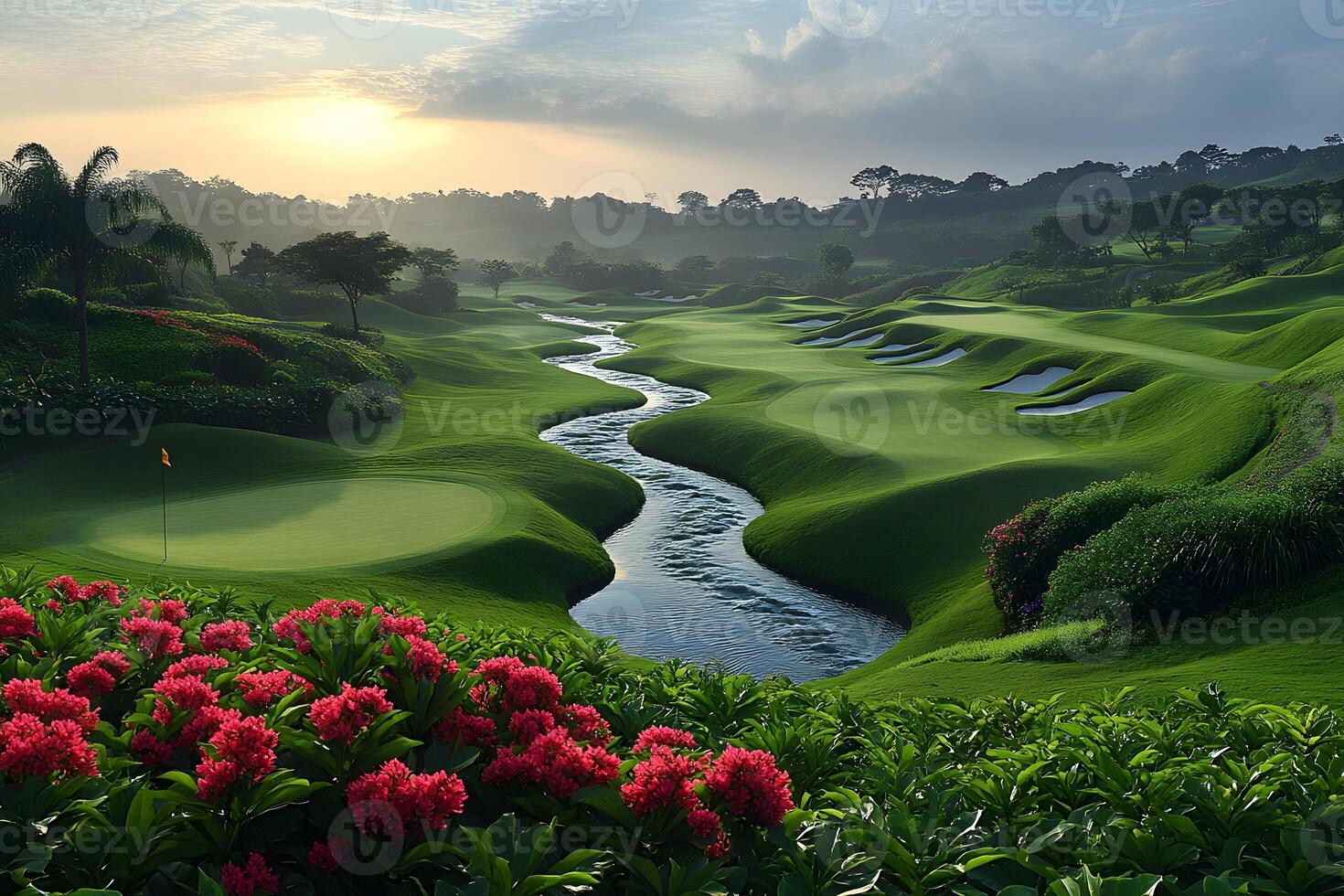 Scenic Golf Course at Sunrise with Lush Greenery and Vibrant Flowers photo