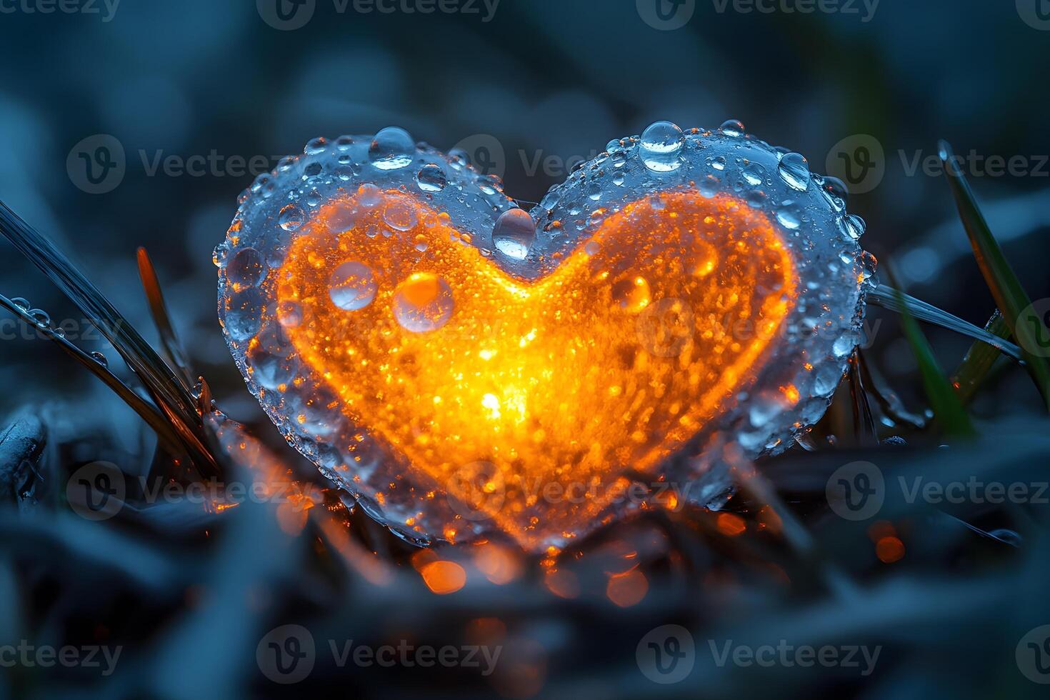 Glowing Heart Shaped Candle with Water Droplets Amidst Grass for Romantic Mood photo