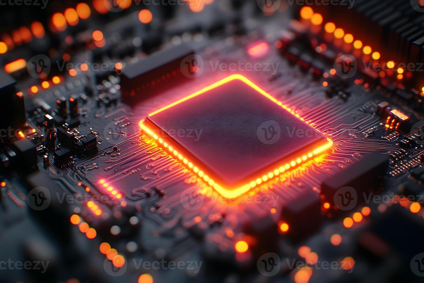 Glowing Microchip on Circuit Board for Technology and Innovation Design photo