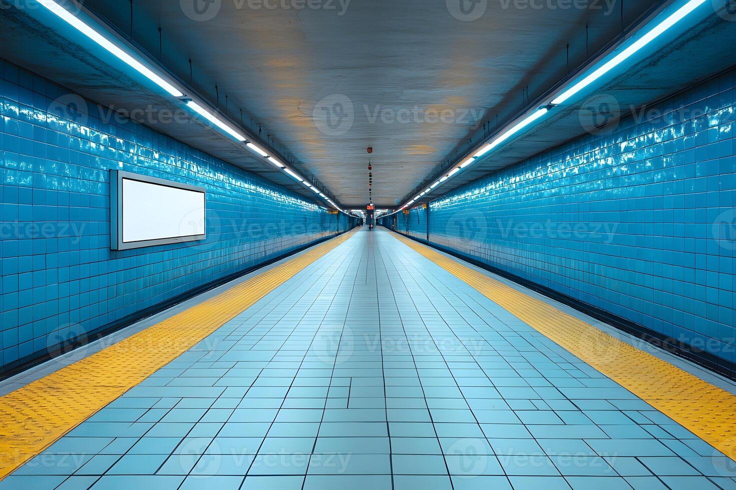 Futuristic Urban Subway Corridor with Blue Tiles and Symmetrical Perspective photo