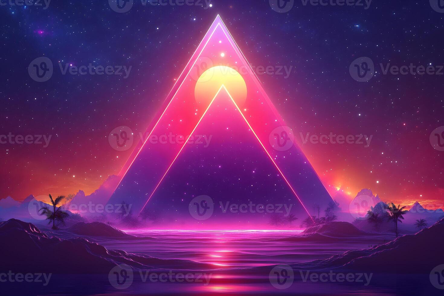 Surreal Sunset Over Tropical Island with Futuristic Geometric Design for Artwork or Digital Projects photo