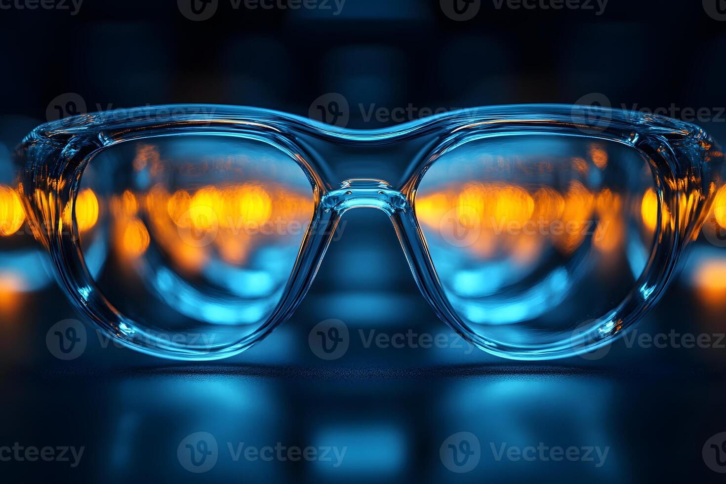 Futuristic Eyewear Design with Vibrant Blue and Orange Reflections photo
