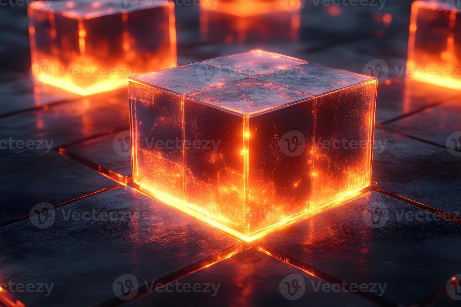 Futuristic Glowing Lava Cubes on Metallic Surface for Sci-Fi Design and Backgrounds photo