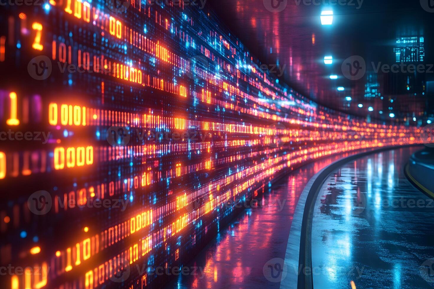 Futuristic Digital Cityscape Illuminated Binary Wall in Urban Tunnel Design photo