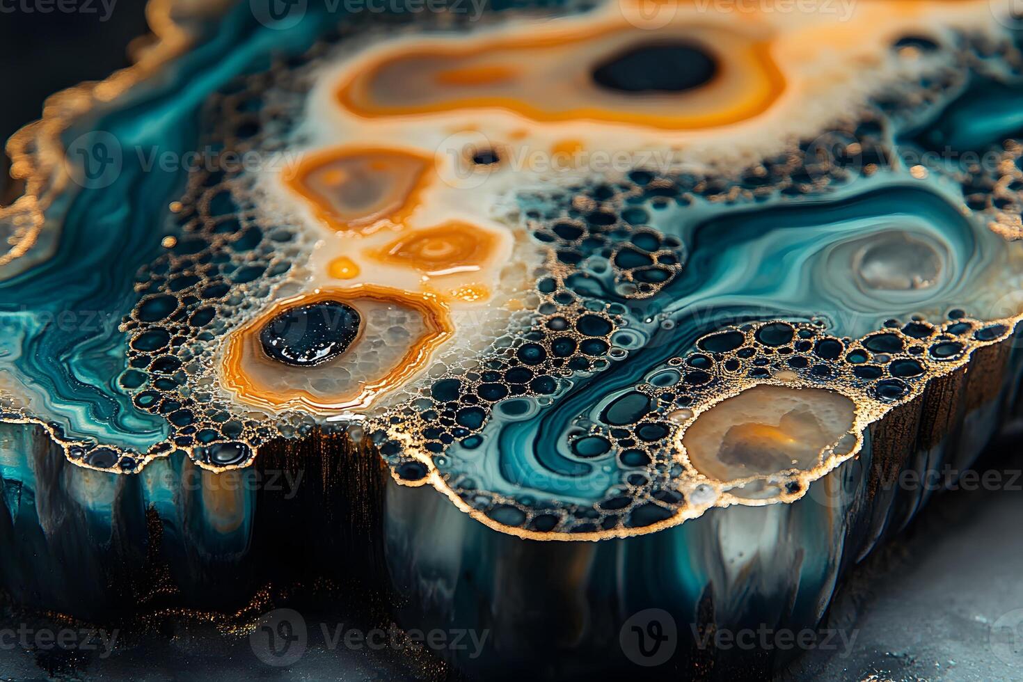 Abstract Geode-Inspired Resin Art with Orange and Blue Swirls for Modern Interiors photo