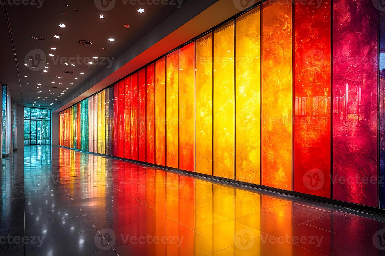 Vibrant Modern Architecture Corridor with Colorful Glass Wall Panels for Interior Design Inspiration photo