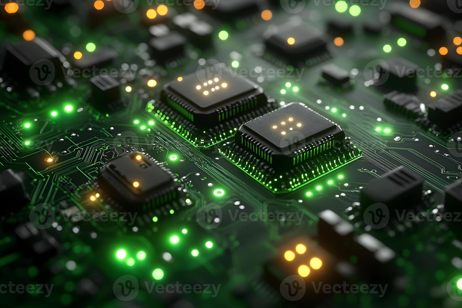 Futuristic Electronic Circuit Board with Illuminated Microchips for Technology Design photo