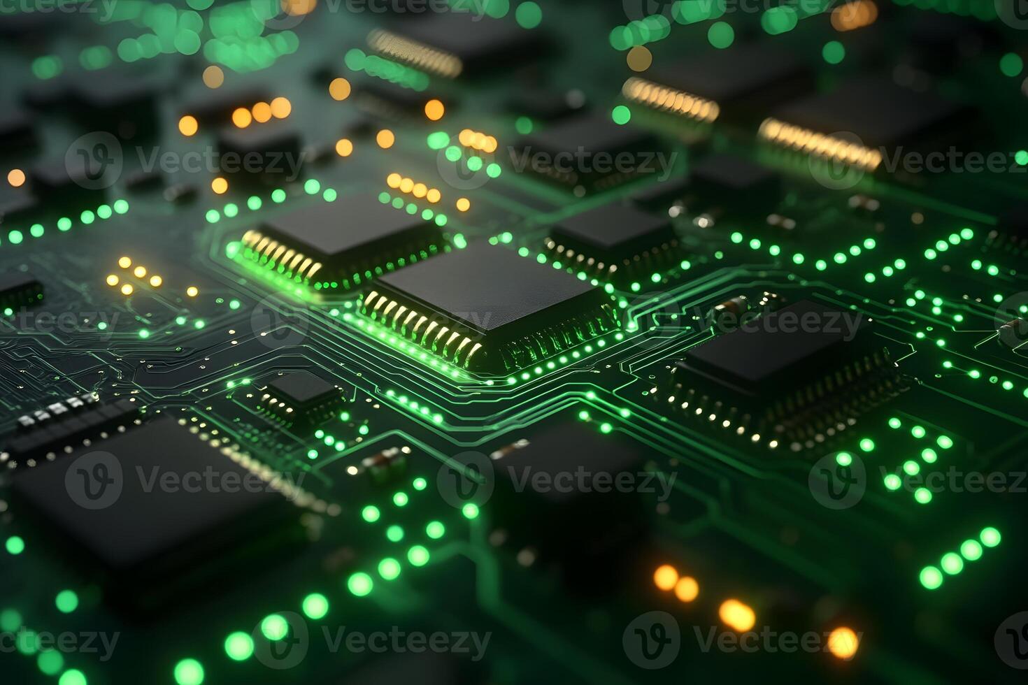 Futuristic Circuit Board with Glowing Microchips for Technology and AI Concepts photo