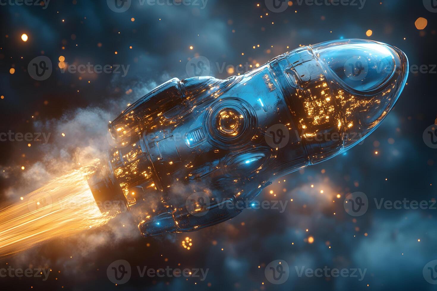 Futuristic Rocket Launch in Space with Fiery Trail and Glowing Lights - Design for Sci-Fi Posters photo