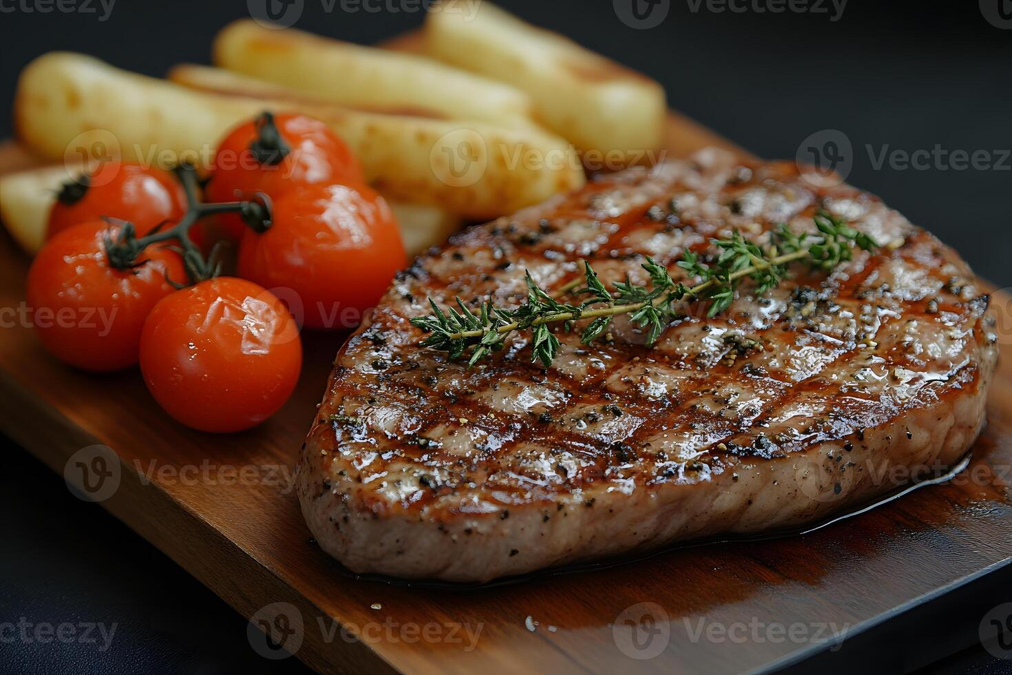Grilled Steak with Cherry Tomatoes and Potato Fries for Perfect BBQ Experience photo