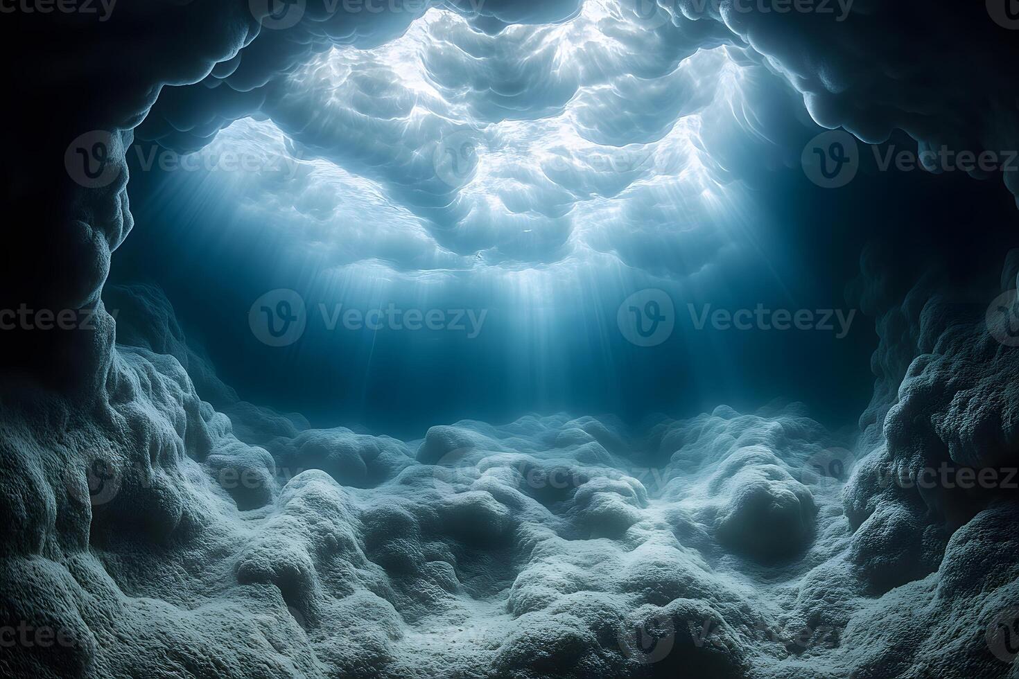 Serene Underwater Cave with Sunlight Rays Illuminating Calm Ocean Depths photo
