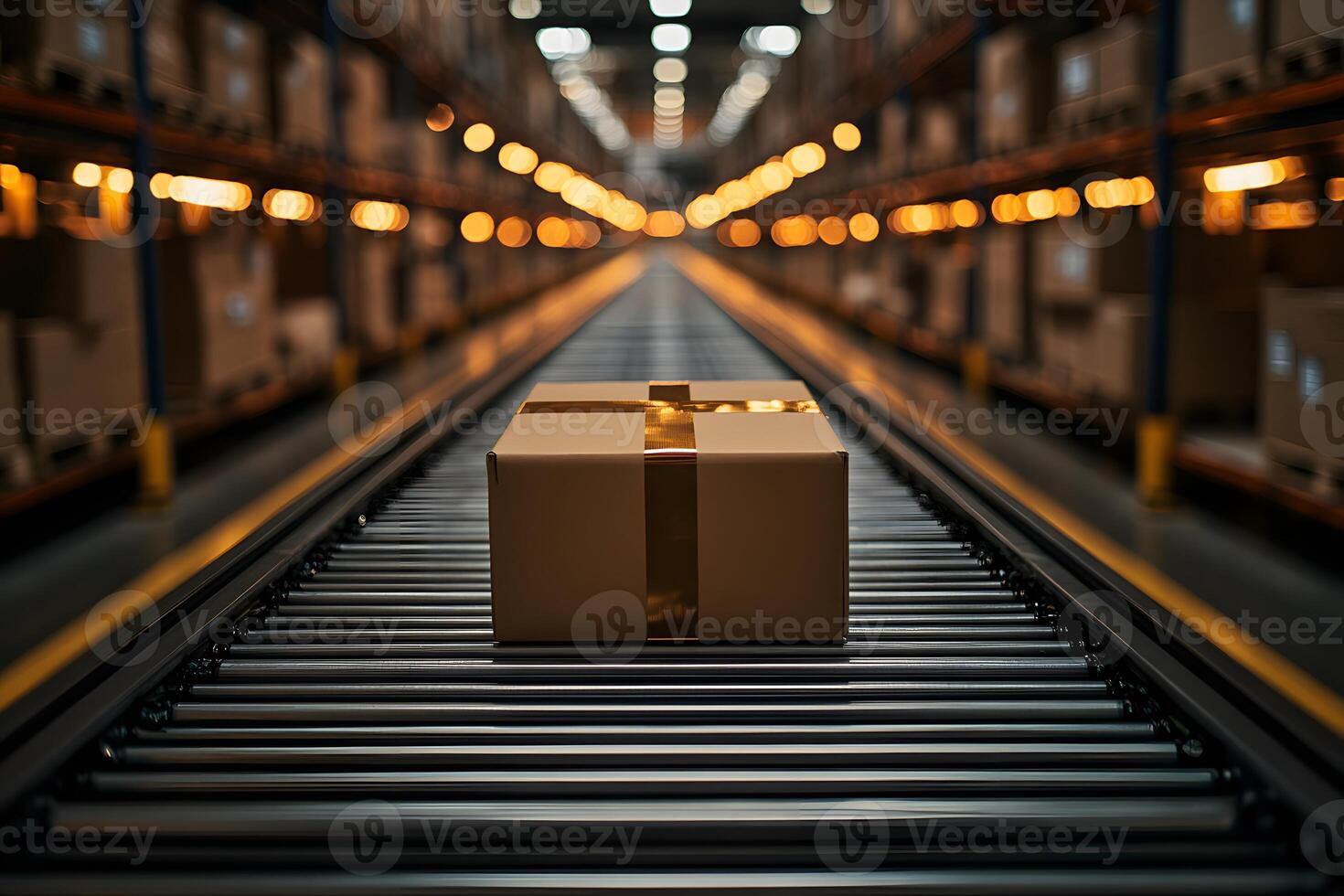 Efficient Logistics and Shipping Cardboard Box on Conveyor Belt in Warehouse photo