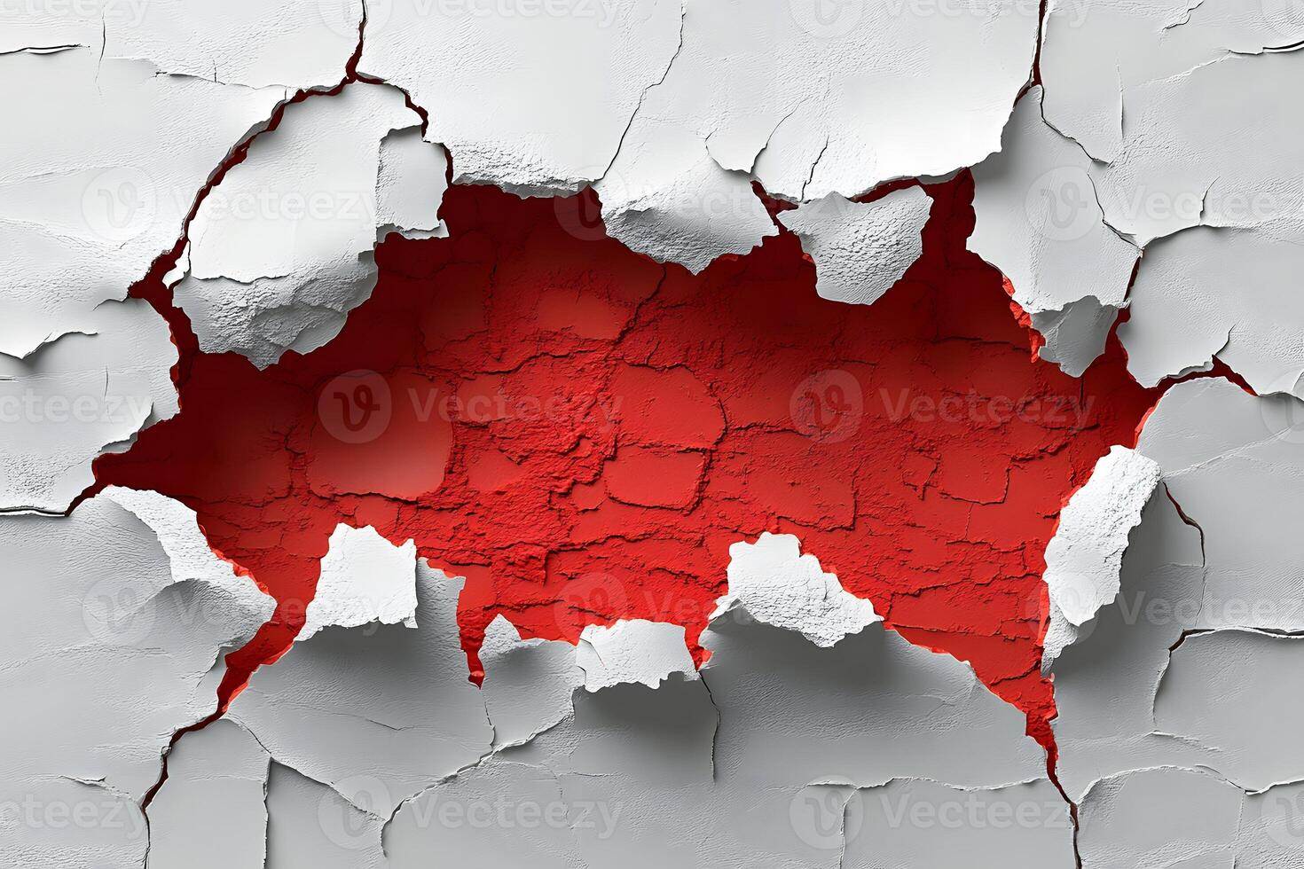 Cracked Wall Exposing Red Texture - Abstract Surface Design for Art and Prints photo