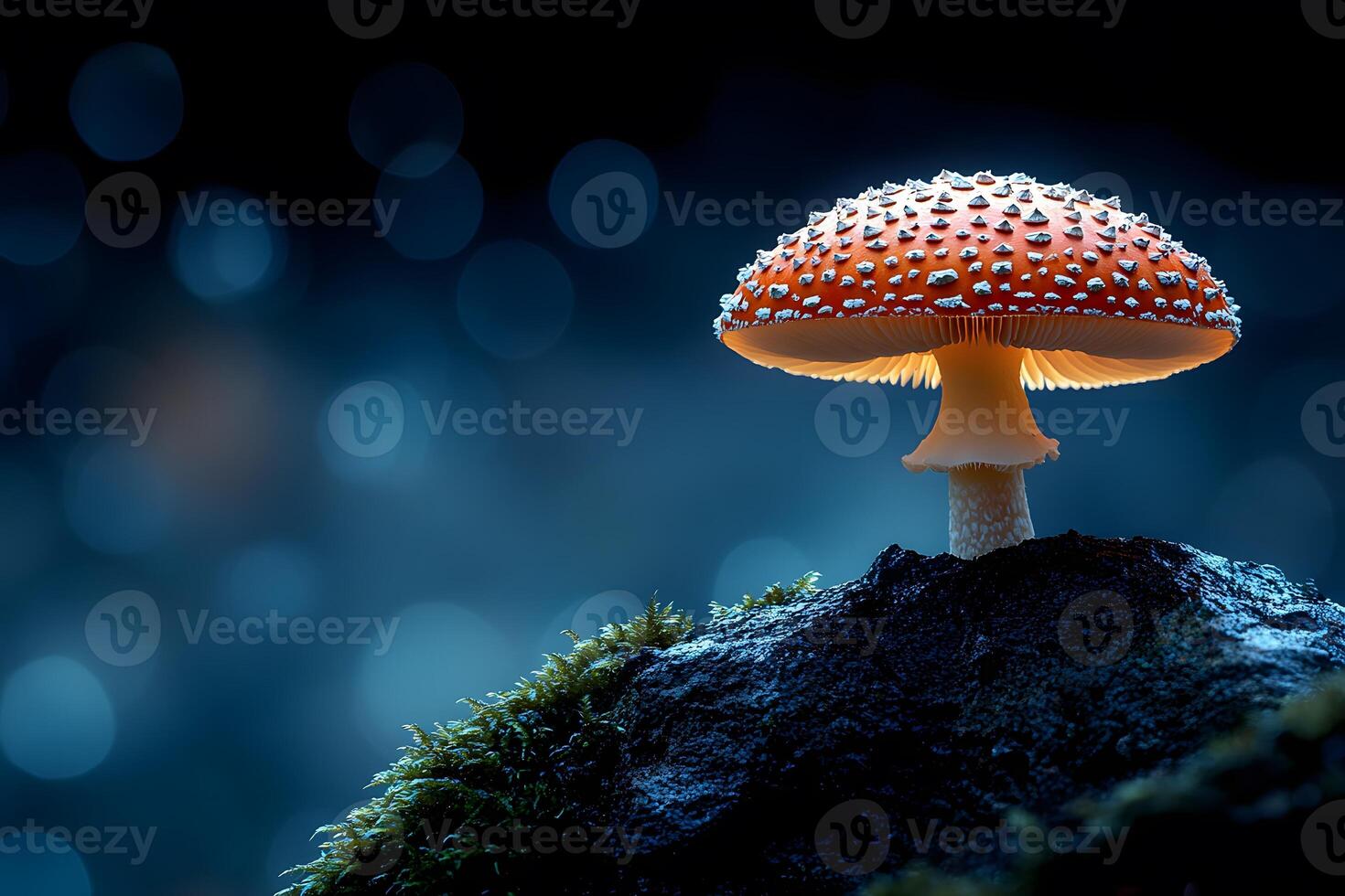 Mystical Glow of a Fly Agaric Mushroom in a Night Forest Scene for Nature Photography photo