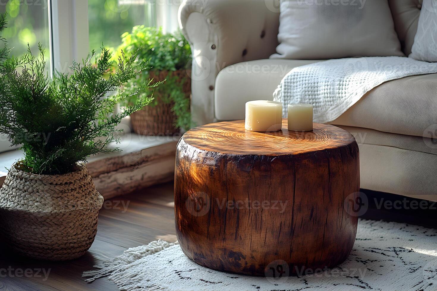Cozy Living Room Corner with Rustic Wooden Table and Soft Decor Accents photo
