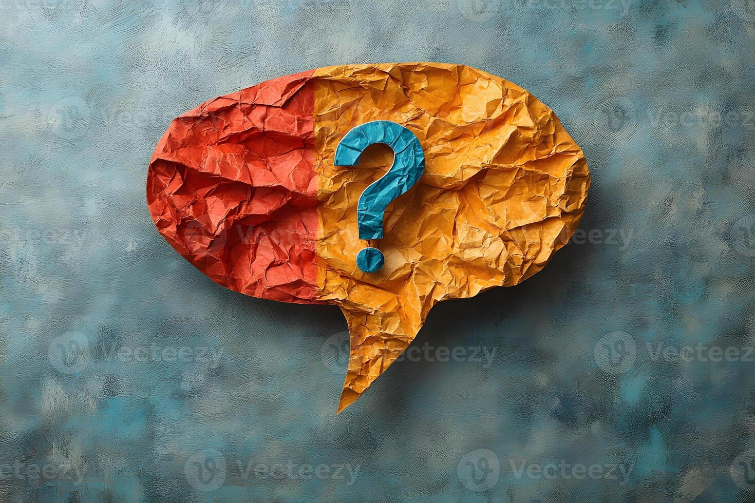 Colorful Crumpled Paper Speech Bubble with Question Mark for Communication and Inquiry Concepts photo