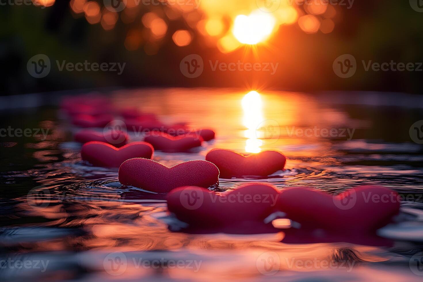Romantic Sunset with Floating Red Hearts on Tranquil Water Surface photo