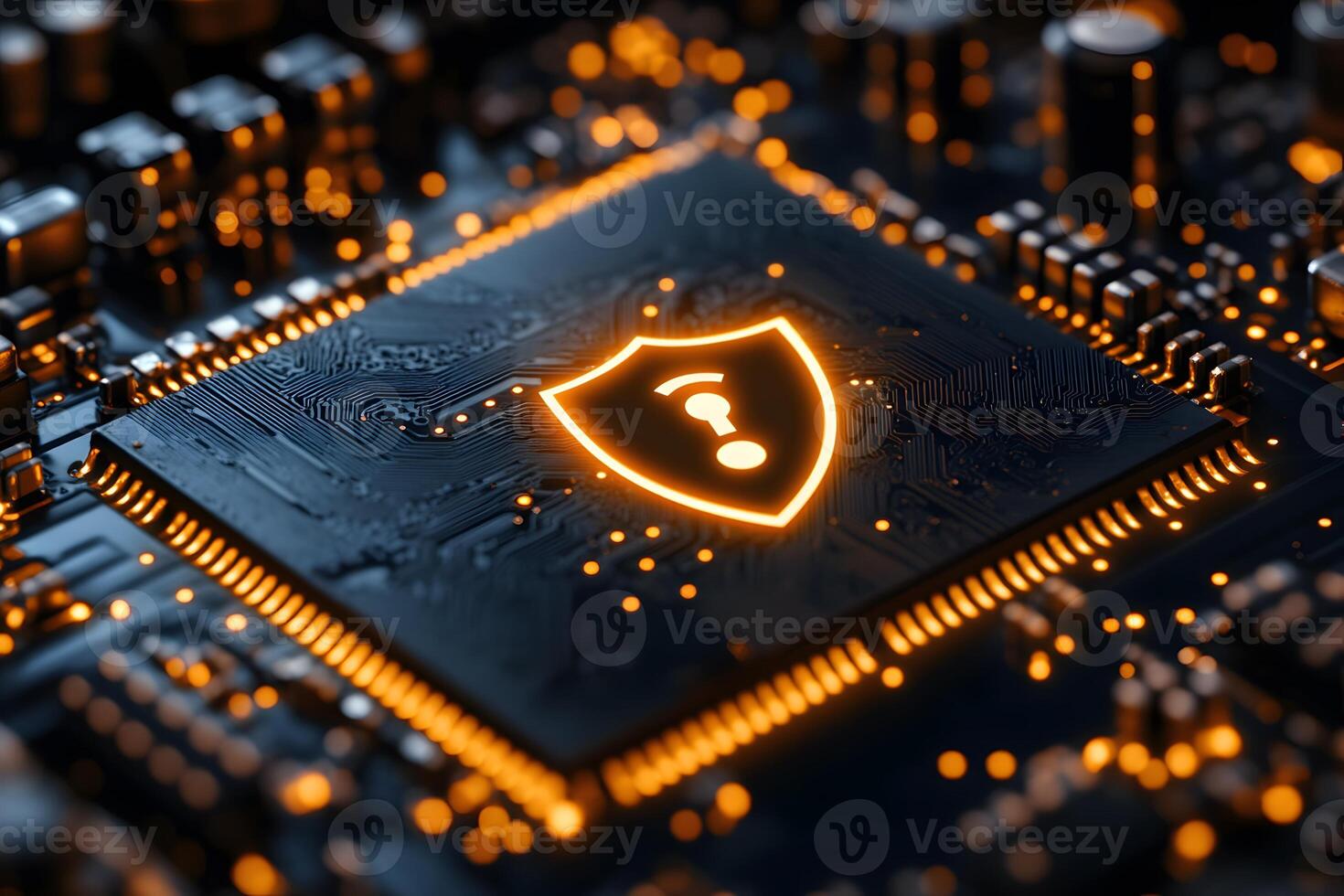 Futuristic Cybersecurity Concept with Glowing Circuit Board and Shield Icon Design for Technology Posters photo