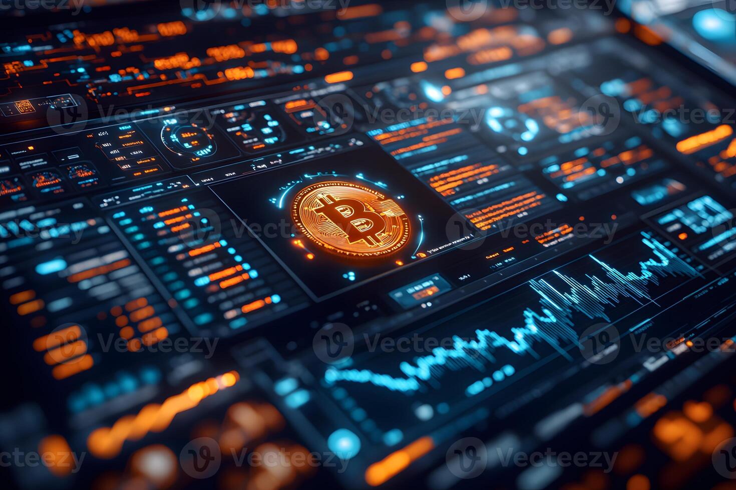 Cryptocurrency Data Analysis with Bitcoin Focus on High-Tech Digital Dashboard for Finance Management photo