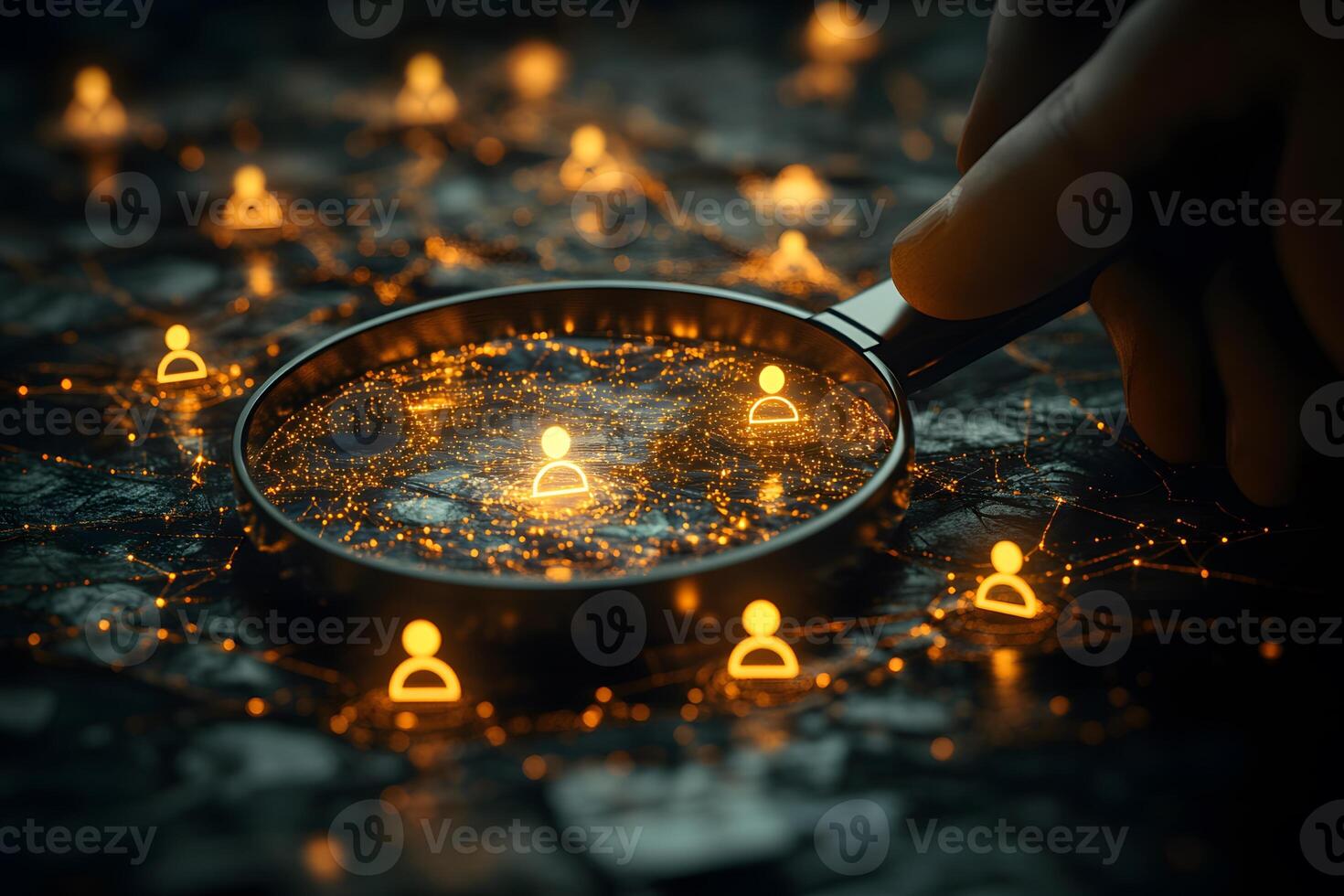 Exploring Digital Network Connections with Glowing Person Icons Under Magnifying Glass photo