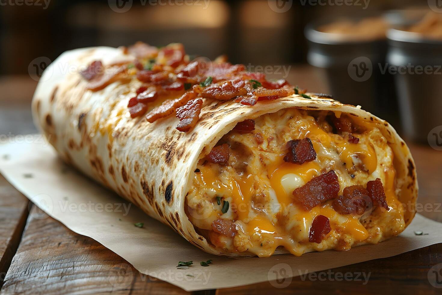 Savory Breakfast Burrito with Cheesy Scrambled Eggs and Crispy Bacon photo