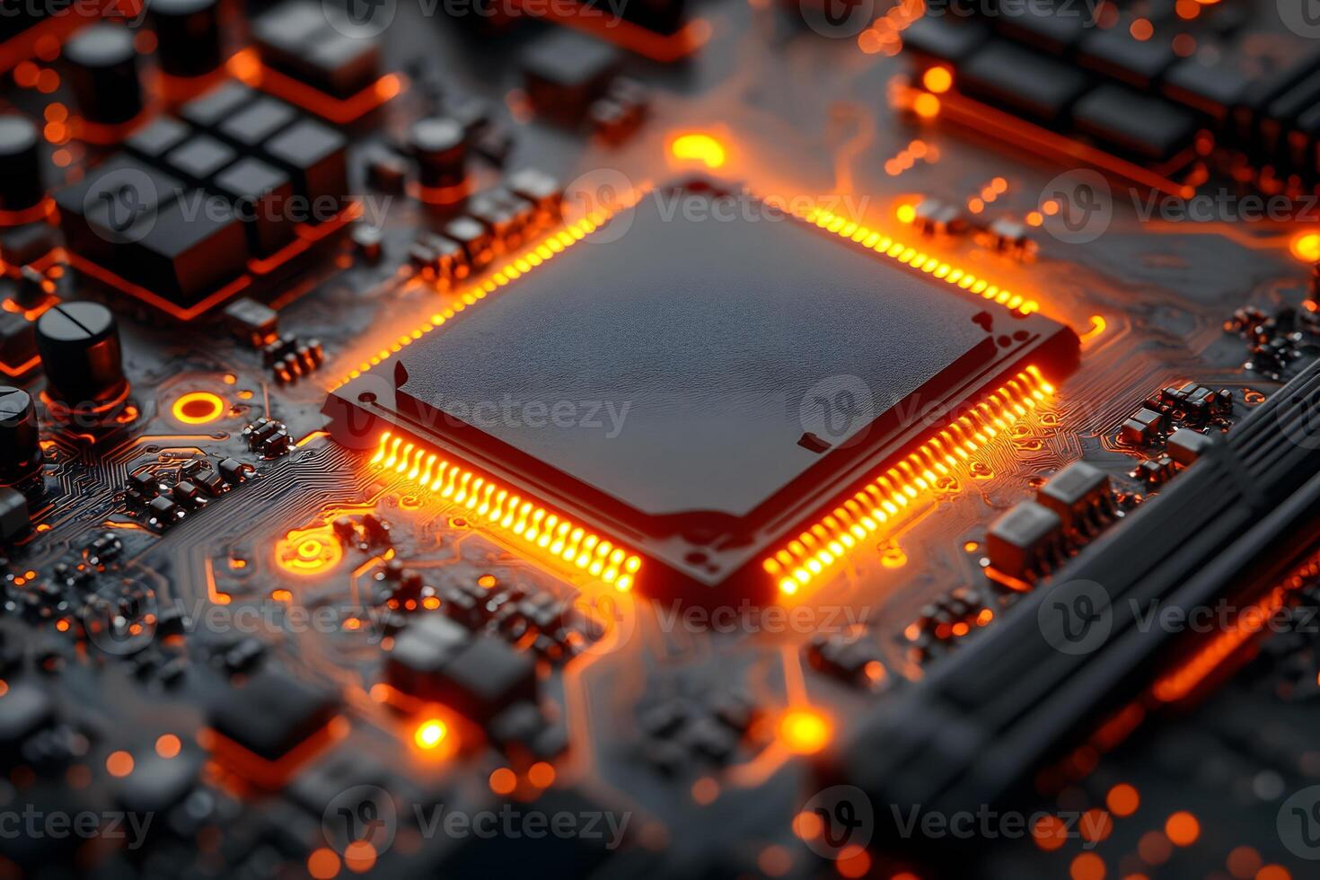Glowing Microchip on Circuit Board - Technology and Innovation Concept for Digital Era Design photo