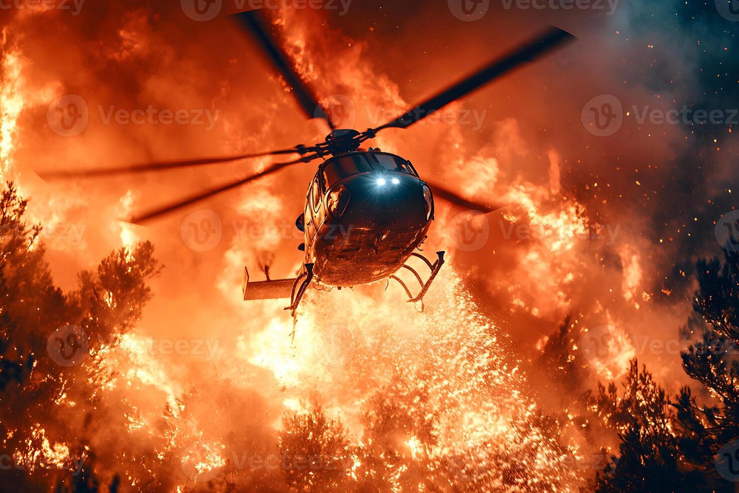 Dramatic Aerial Firefighting Scene with Helicopter Over Intense Wildfire photo