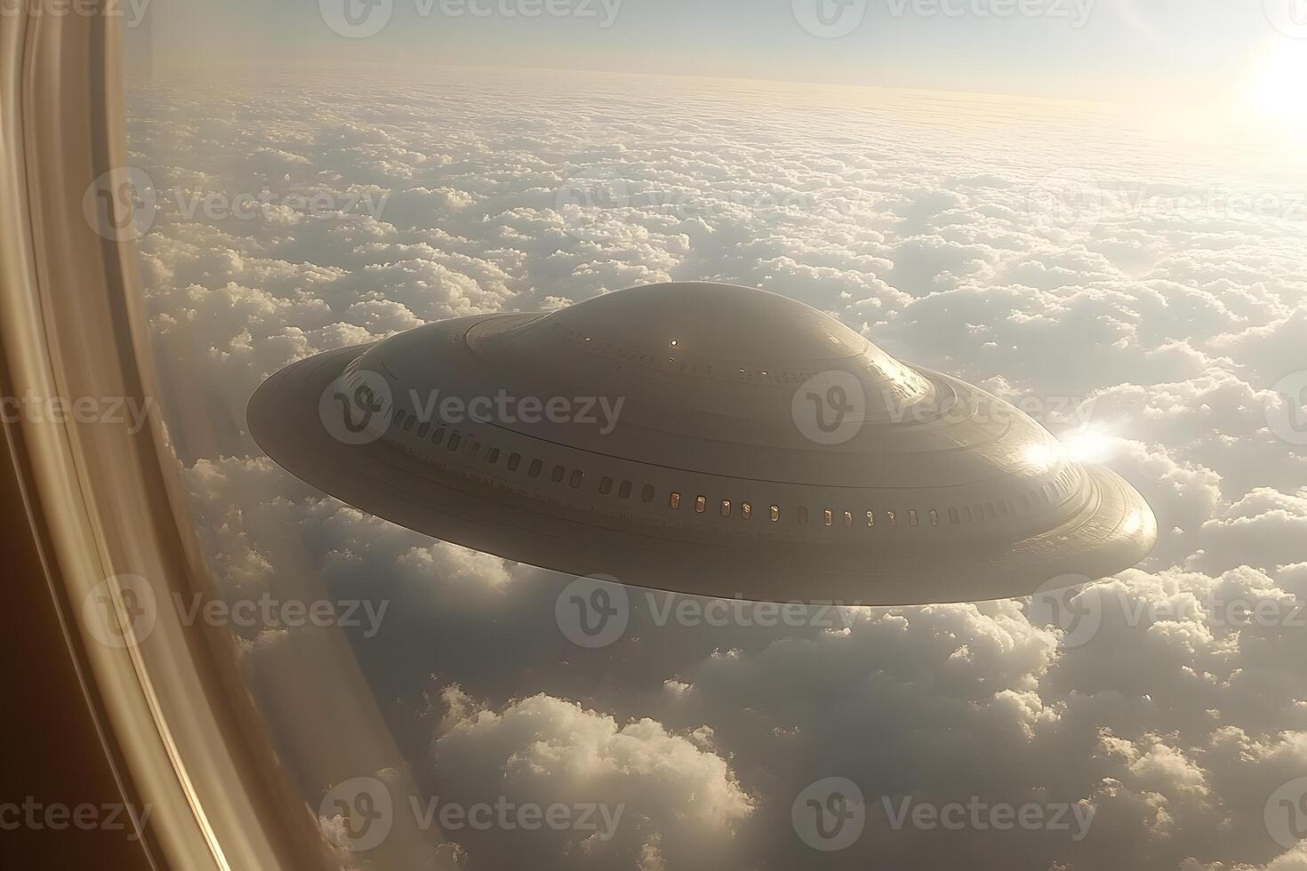 UFO Encounter Above the Clouds - Mysterious Spaceship Sighting from Airplane Window photo